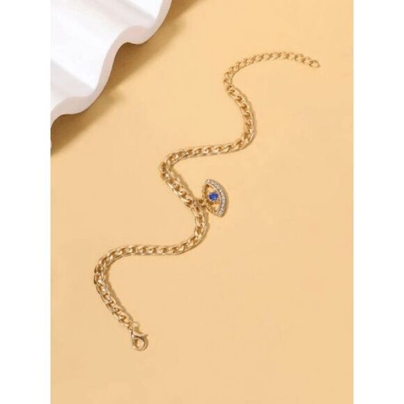 GOLD DIAMOND SAPPHIRE EVIL EYE ANKLET - Picture 4 of 6